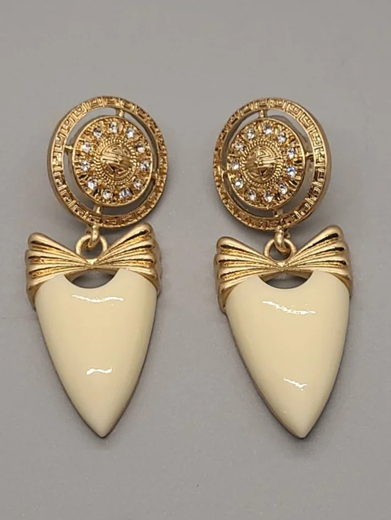 Vintage Estate Givenchy Cream Enamel Crystal Greek Key Bow Gold Earrings - Picture 3 of 16